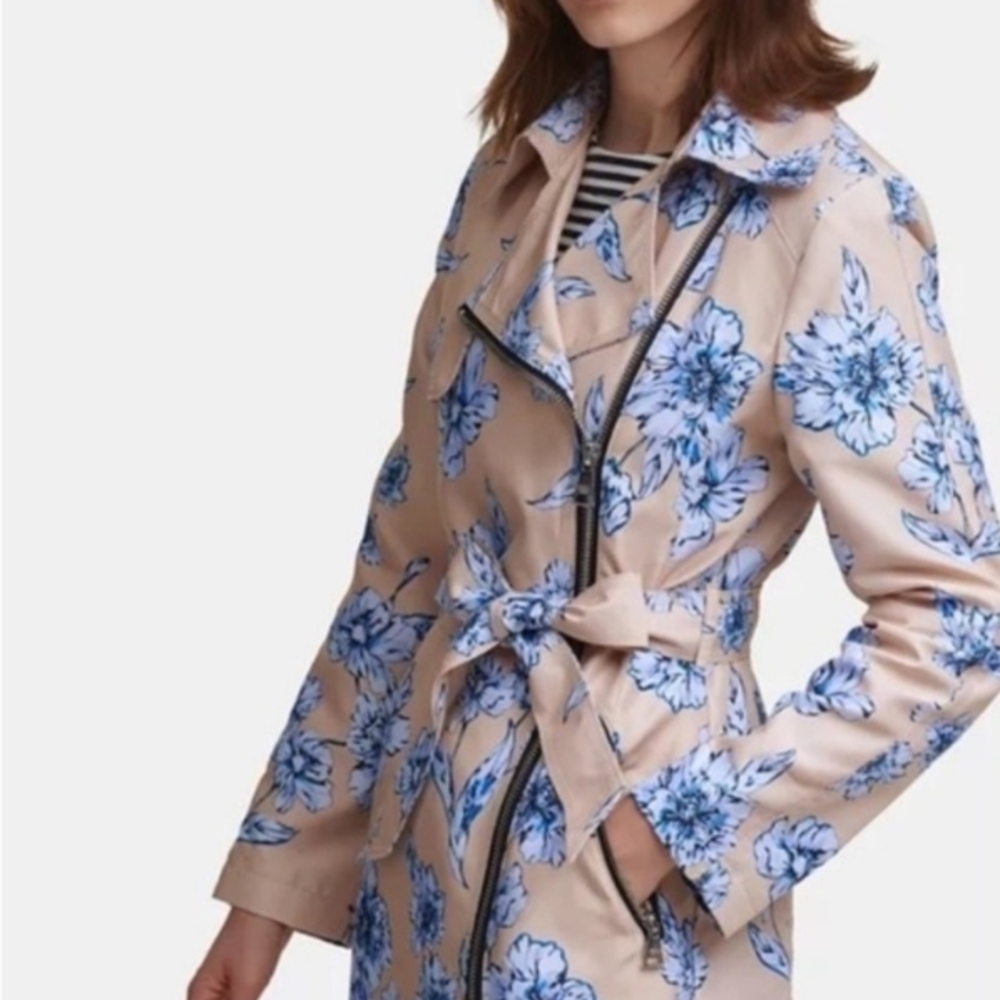 Floral Beige and Blue Women's Trench Coat